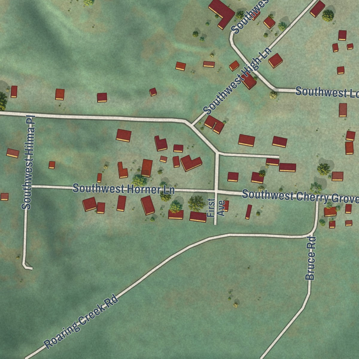 Close-up of the map of Cherry Grove, Oregon print showing street and building detail