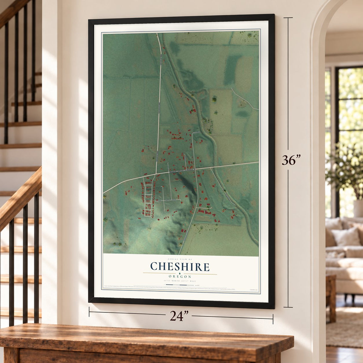 Cheshire, Oregon map, 24 x 36 inch print in a black frame by a staircase