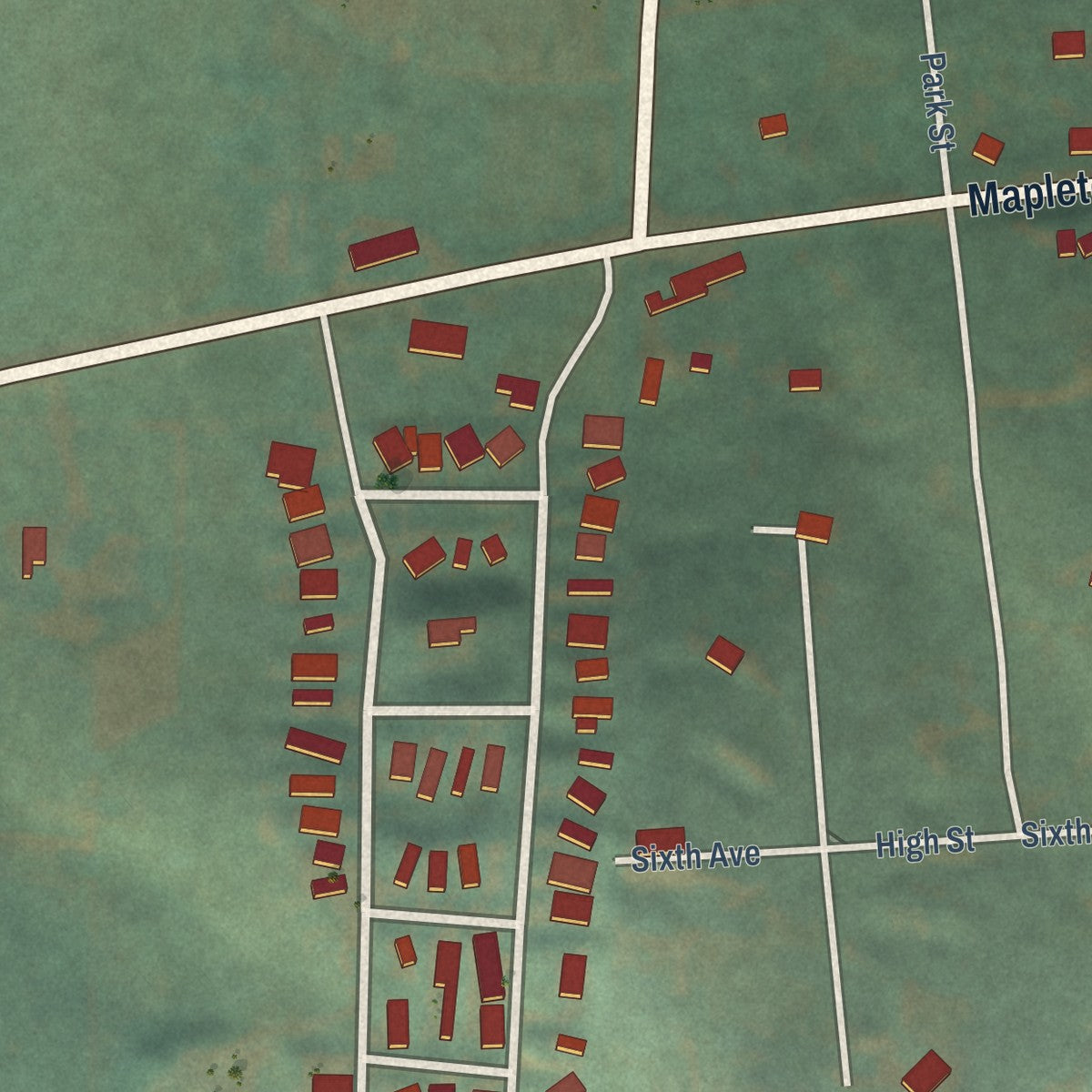 Close-up of the map of Cheshire, Oregon print showing street and building detail