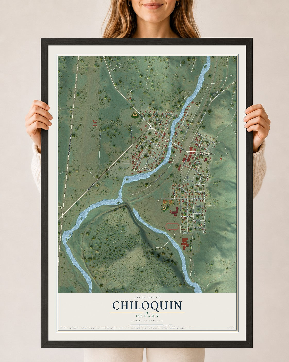 Map of Chiloquin, Oregon, 24 x 36 inch print in a black wood frame