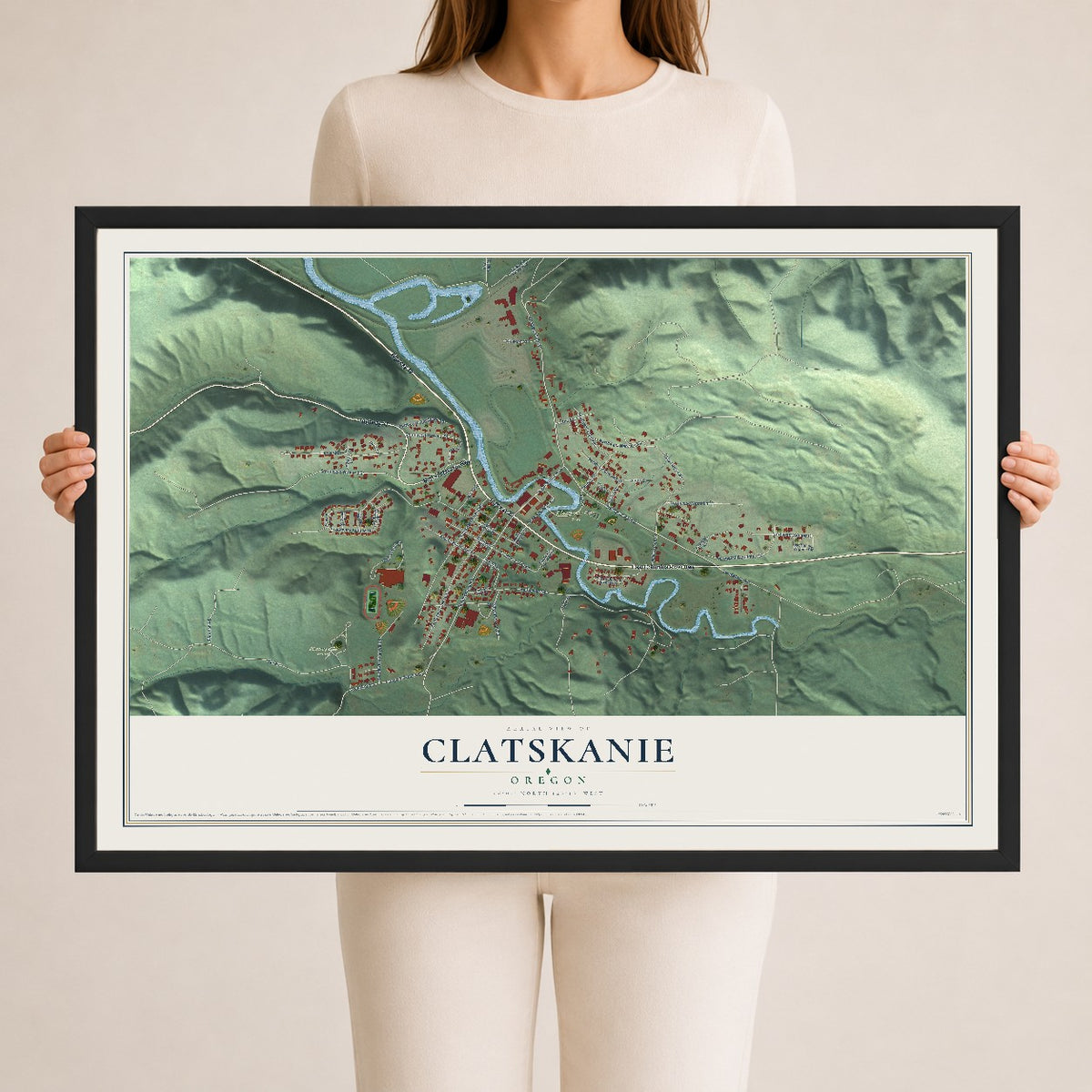 Map of Clatskanie, Oregon, 24 x 36 inch print in a black wood frame