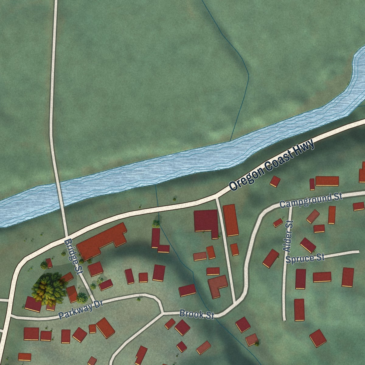 Close-up of the map of Cloverdale, Oregon print showing street and building detail