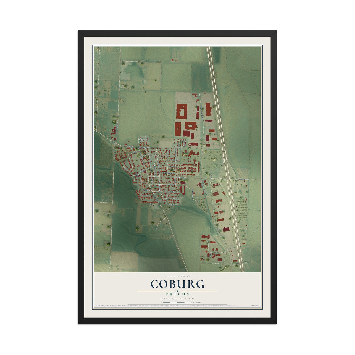 Map of Coburg, Oregon, 12 x 18 inch print in a black wood frame