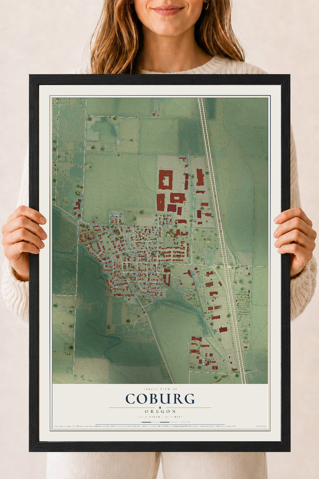 Map of Coburg, Oregon, 18 x 24 inch print in a black wood frame