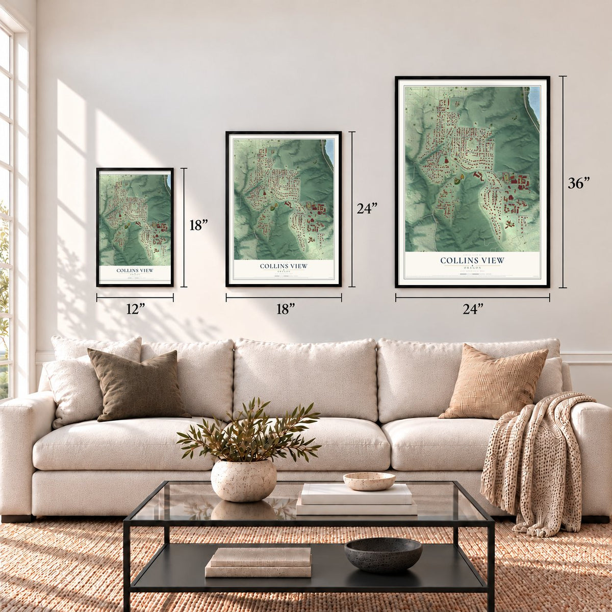 Collins View, Oregon map in 12 x 18, 18 x 24 and 24 x 36 inch sizes above a sofa