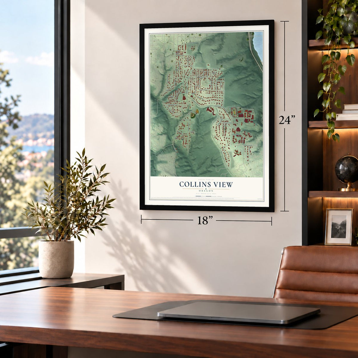 Collins View, Oregon map, 18 x 24 inch print in a black frame in a home office