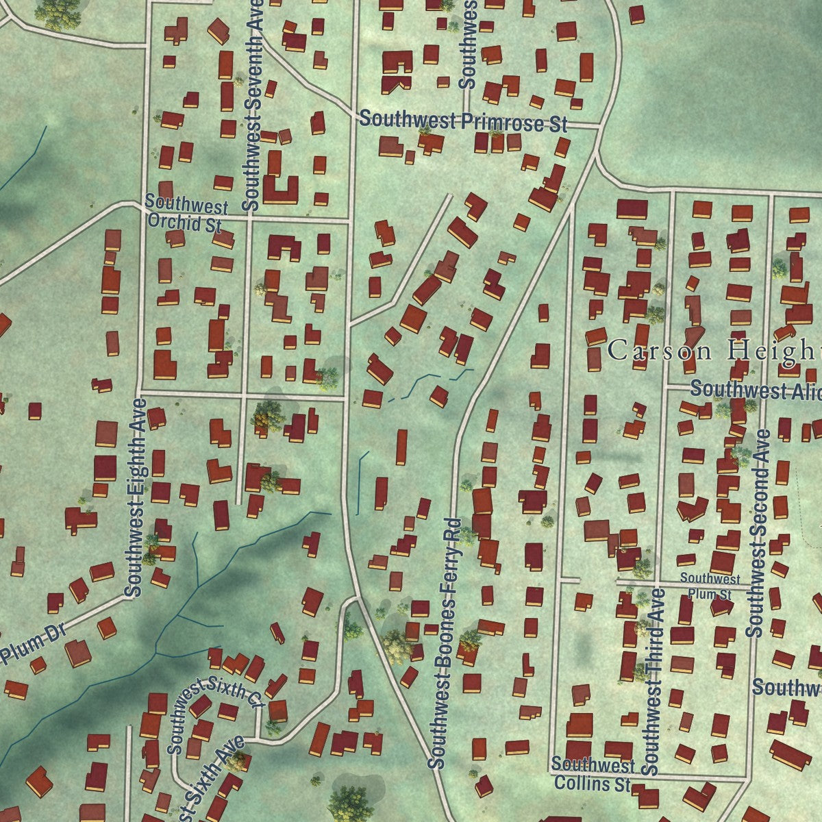 Close-up of the map of Collins View, Oregon print showing street and building detail