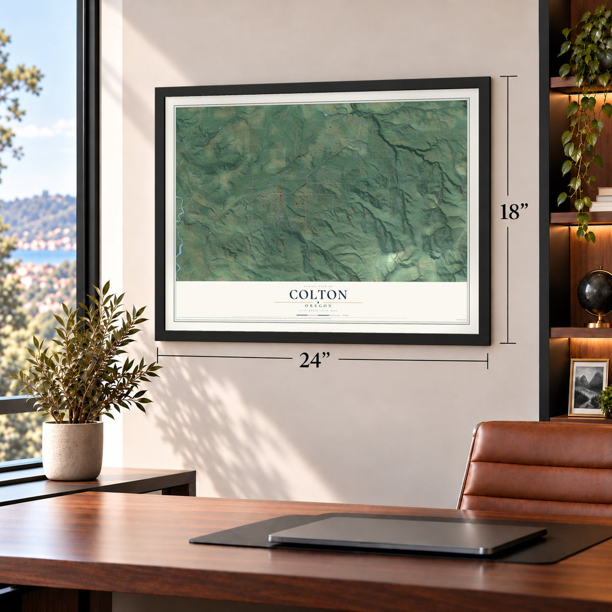 Colton, Oregon map, 18 x 24 inch print in a black frame in a home office