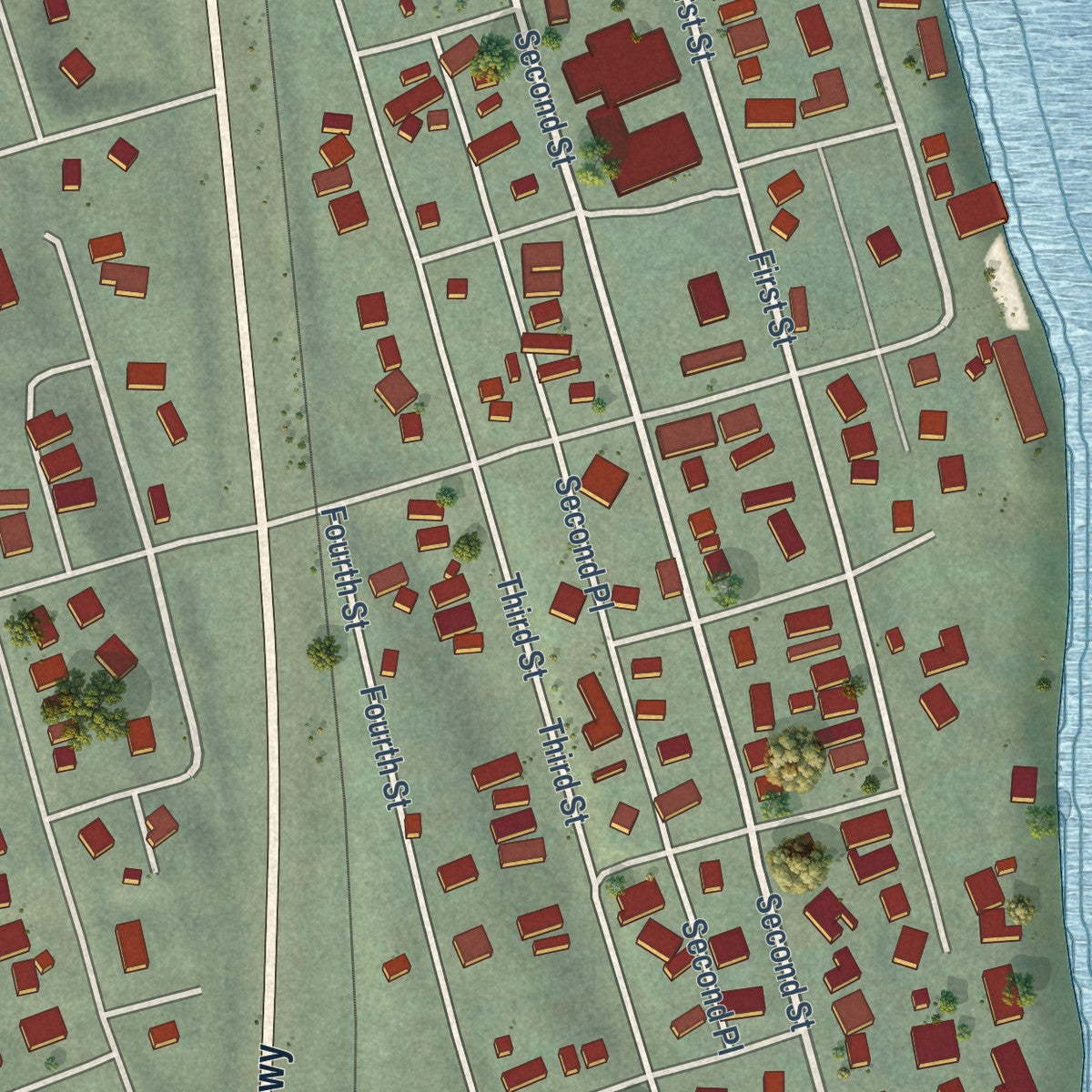 Close-up of the map of Columbia City, Oregon print showing street and building detail