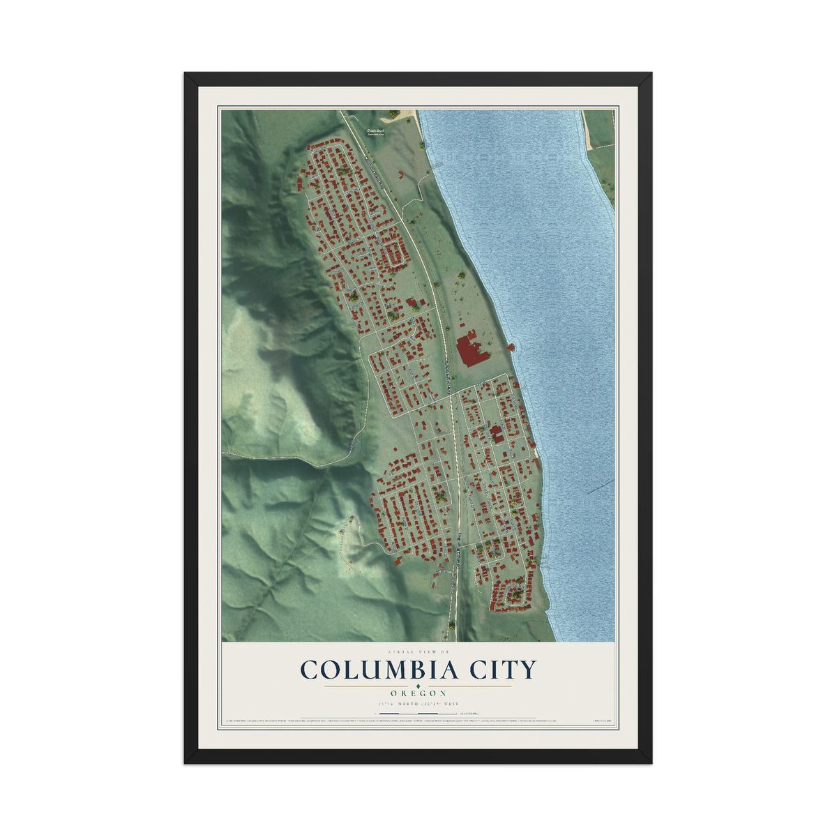 Map of Columbia City, Oregon, 12 x 18 inch print in a black wood frame