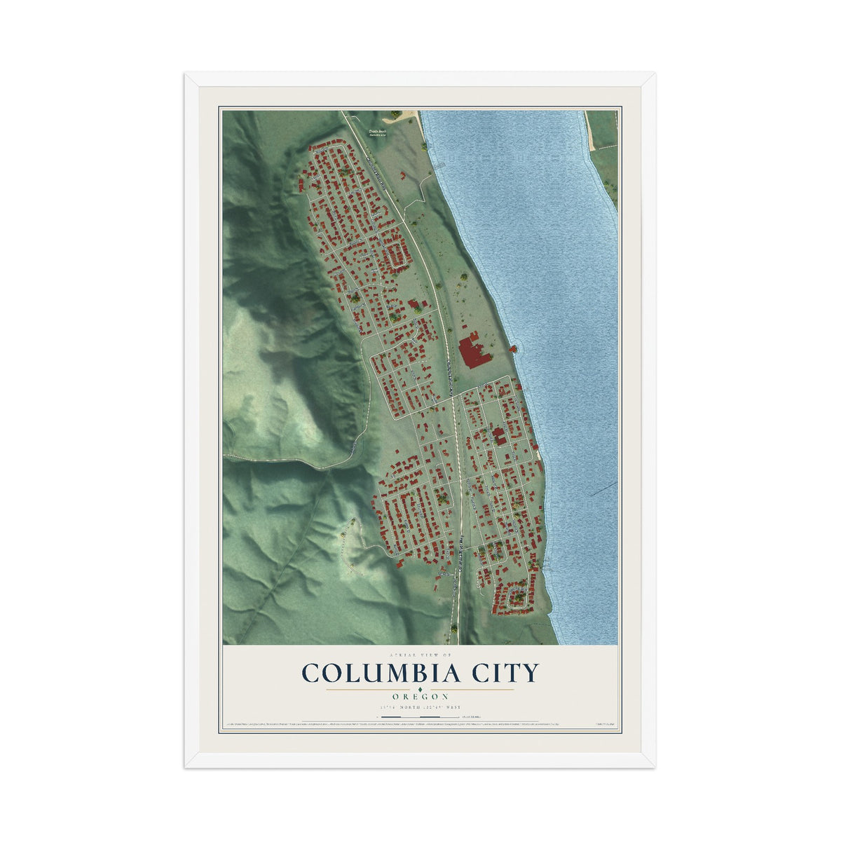 Map of Columbia City, Oregon, 12 x 18 inch print in a white wood frame