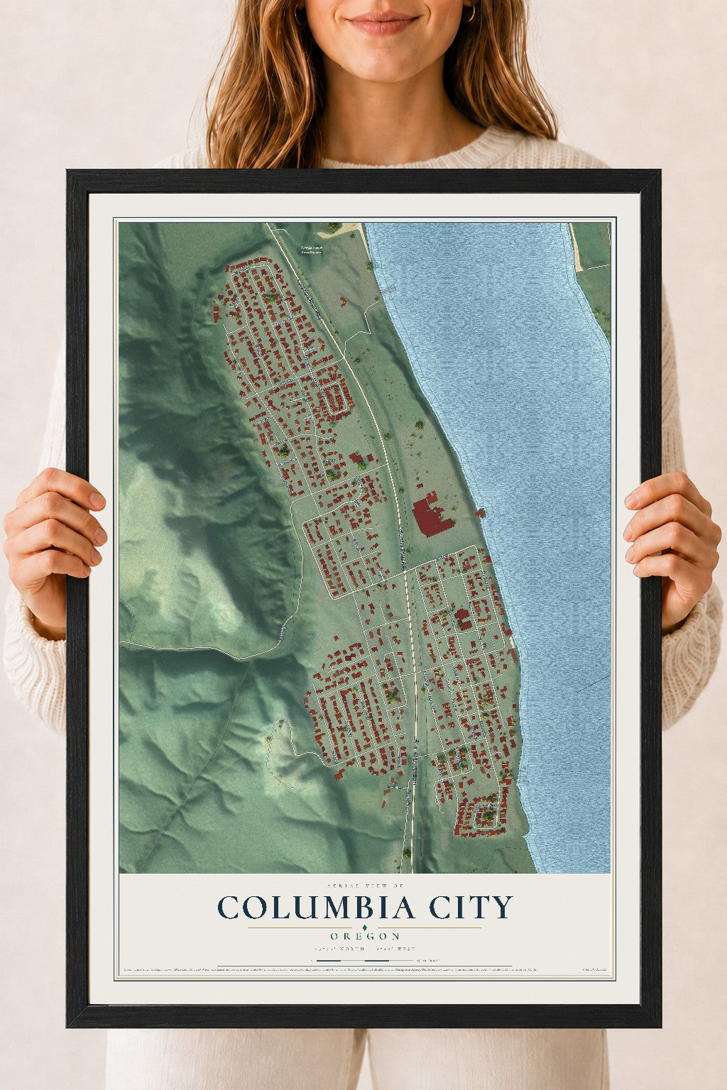 Map of Columbia City, Oregon, 18 x 24 inch print in a black wood frame