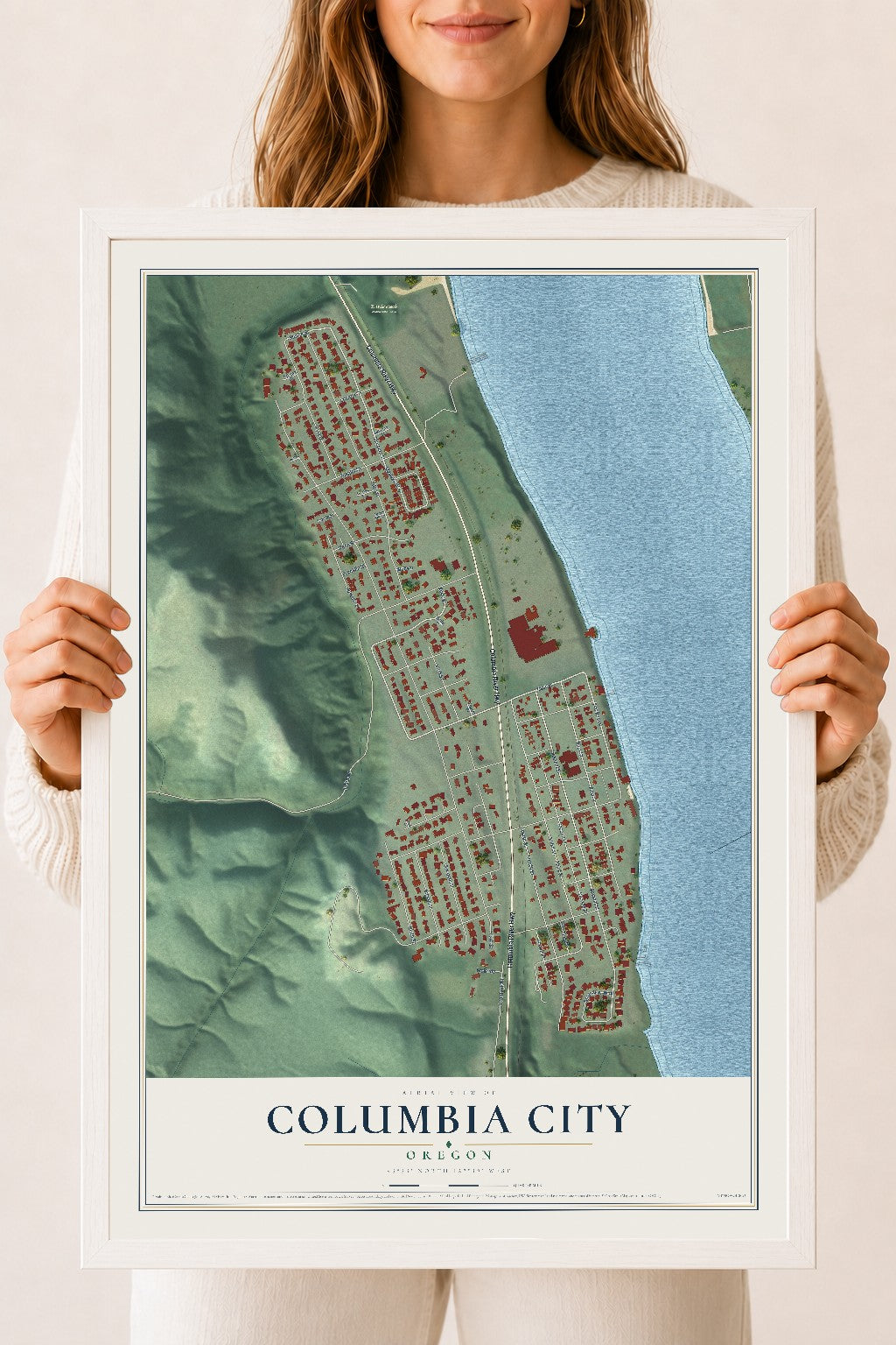 Map of Columbia City, Oregon, 18 x 24 inch print in a white wood frame