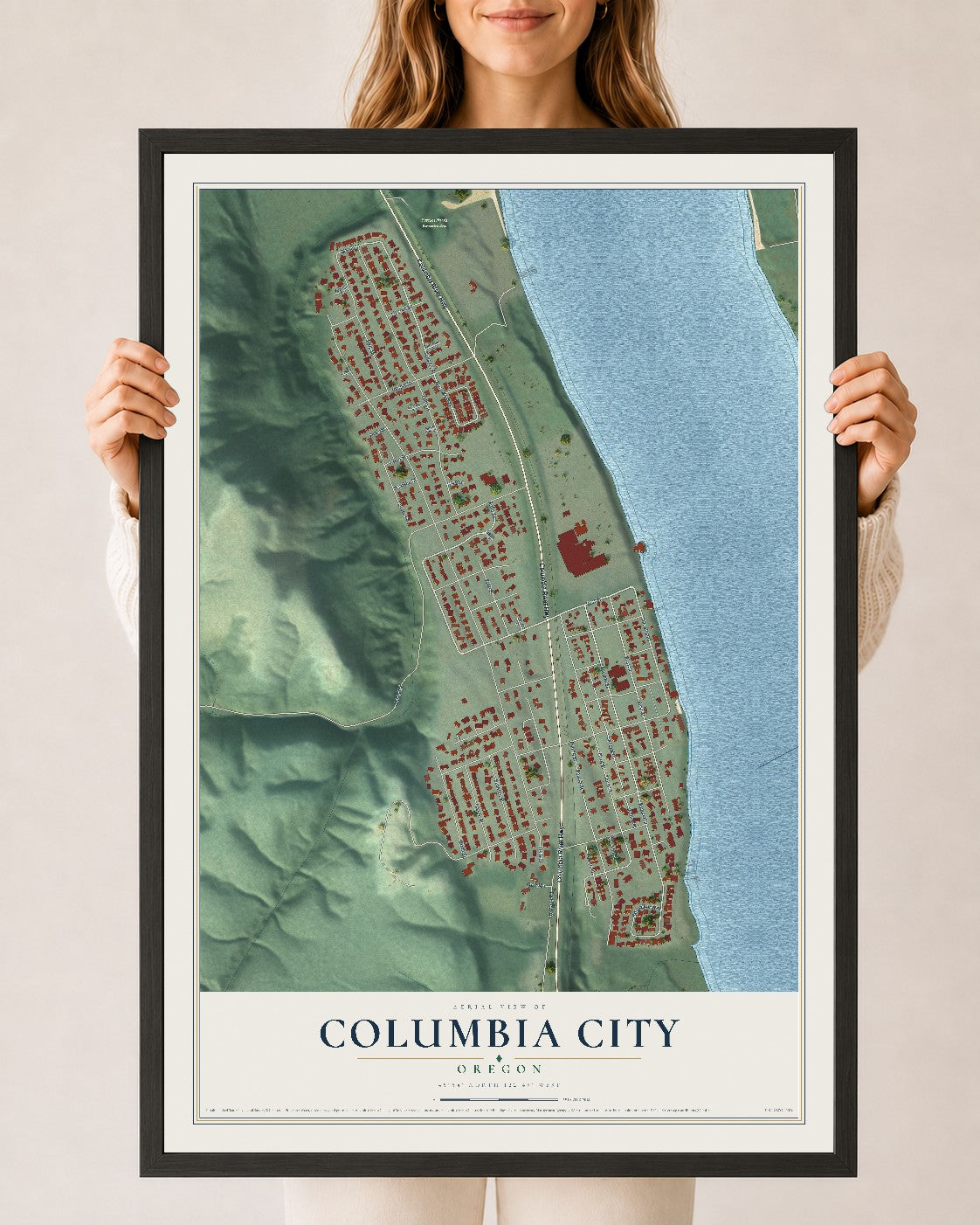 Map of Columbia City, Oregon, 24 x 36 inch print in a black wood frame
