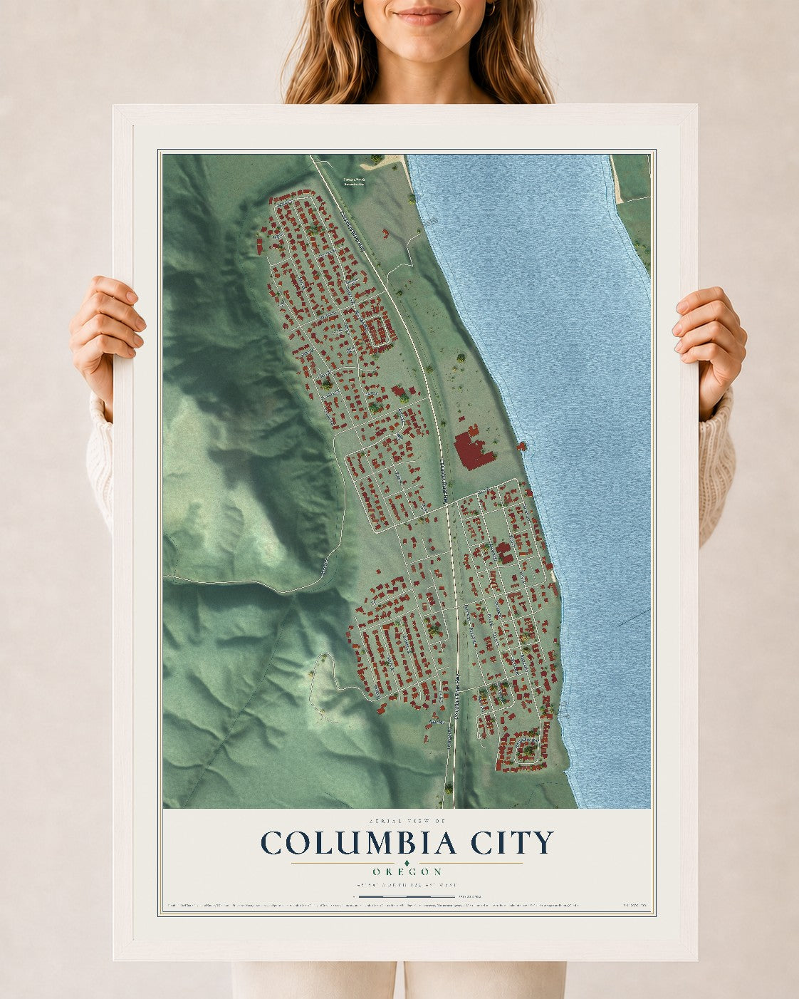 Map of Columbia City, Oregon, 24 x 36 inch print in a white wood frame