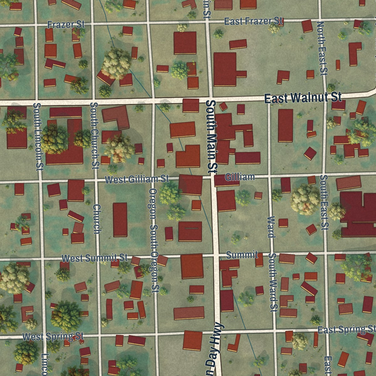 Close-up of the map of Condon, Oregon print showing street and building detail