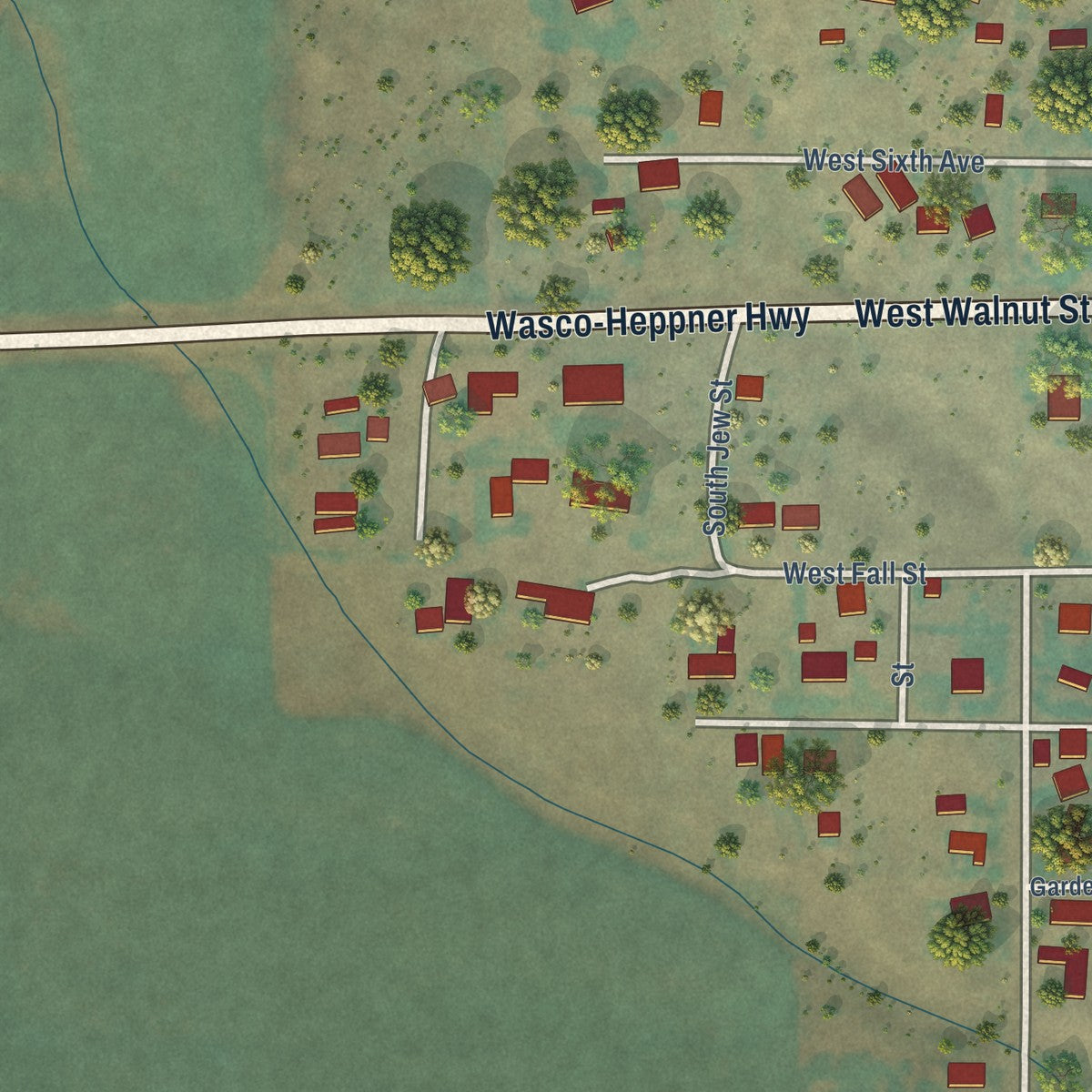 Second close-up of the map of Condon, Oregon print showing more streets and buildings