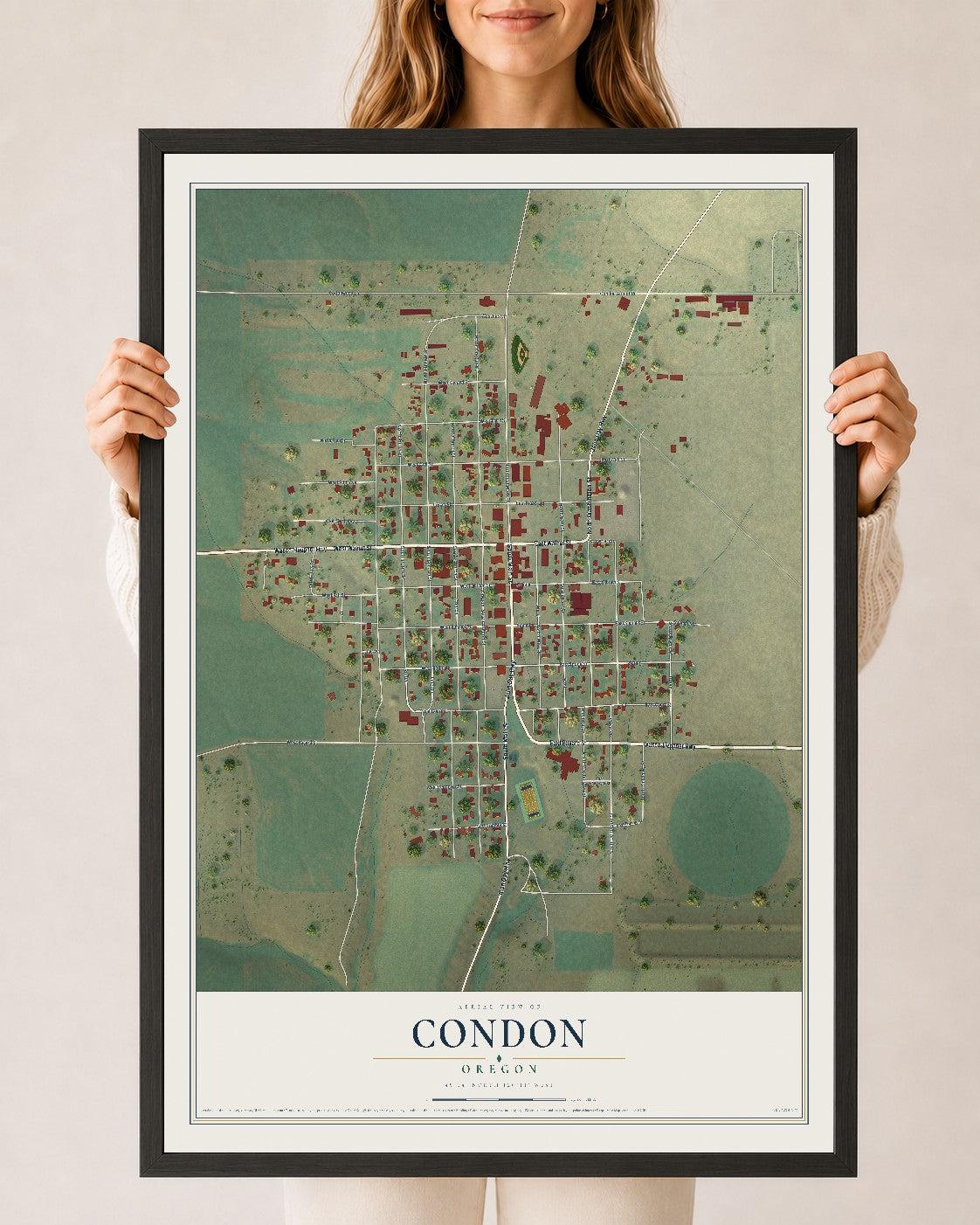 Map of Condon, Oregon, 24 x 36 inch print in a black wood frame