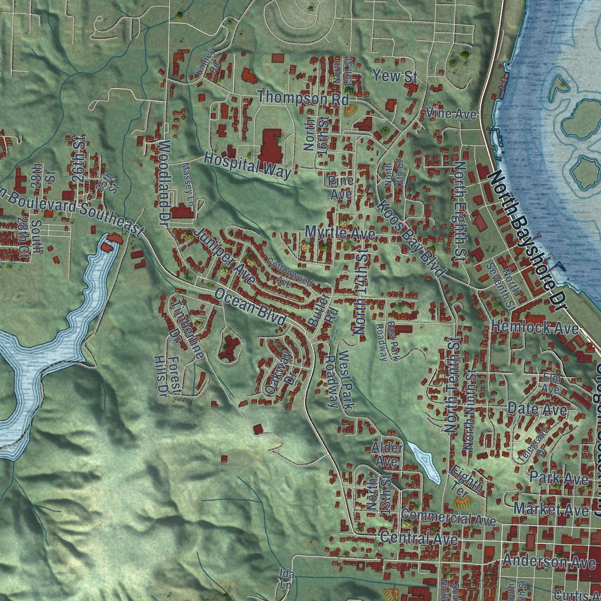 Close-up of the map of Coos Bay, Oregon print showing street and building detail