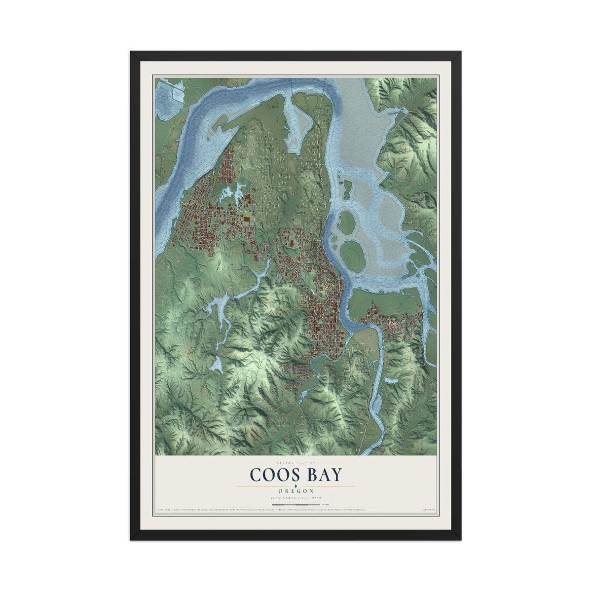 Map of Coos Bay, Oregon, 12 x 18 inch print in a black wood frame