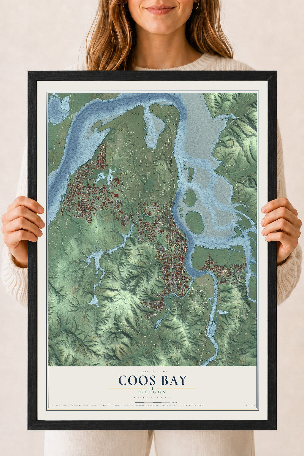 Map of Coos Bay, Oregon, 18 x 24 inch print in a black wood frame