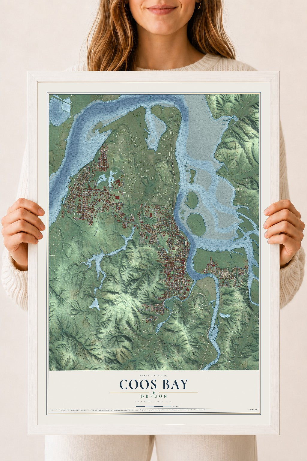 Map of Coos Bay, Oregon, 18 x 24 inch print in a white wood frame