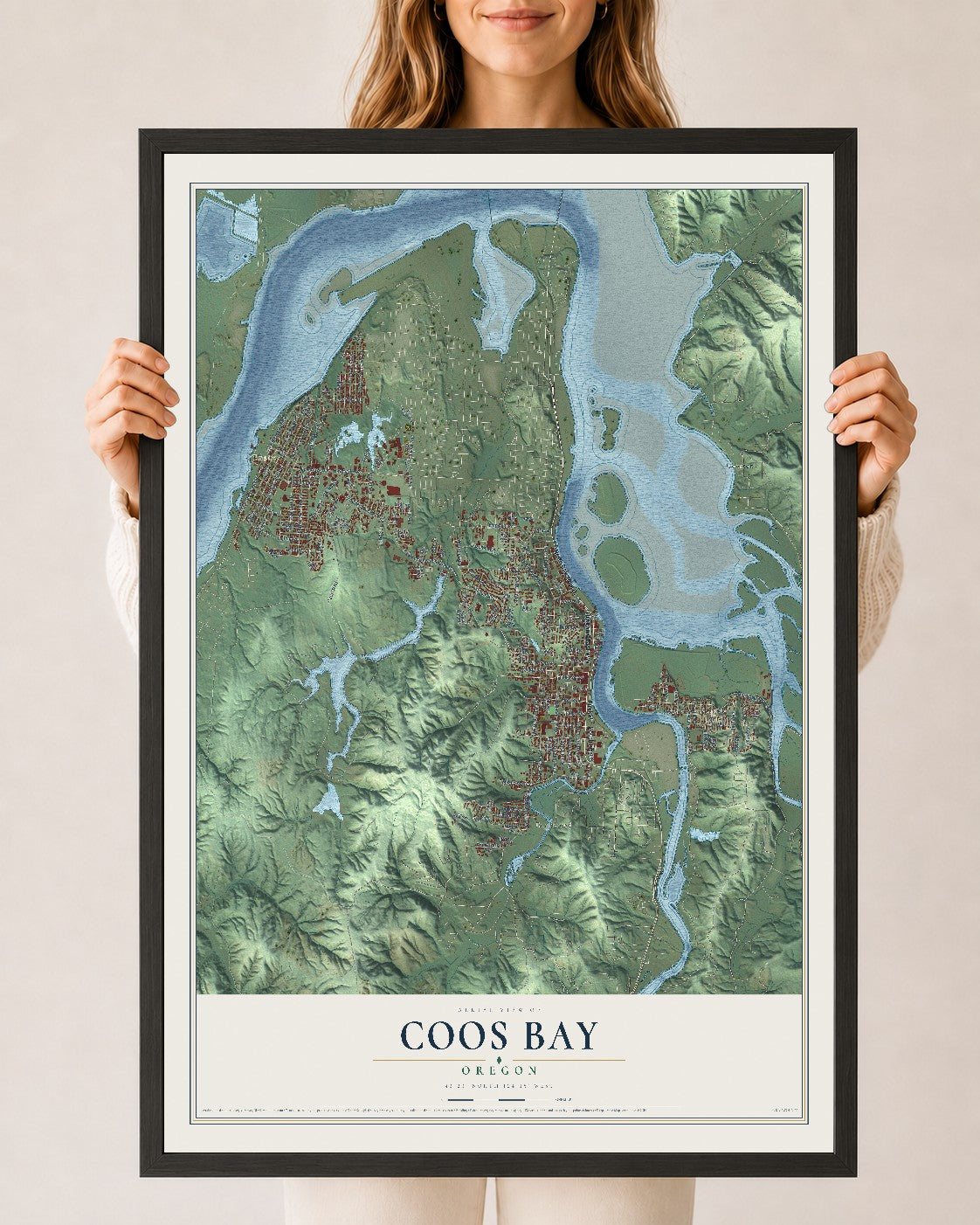 Map of Coos Bay, Oregon, 24 x 36 inch print in a black wood frame