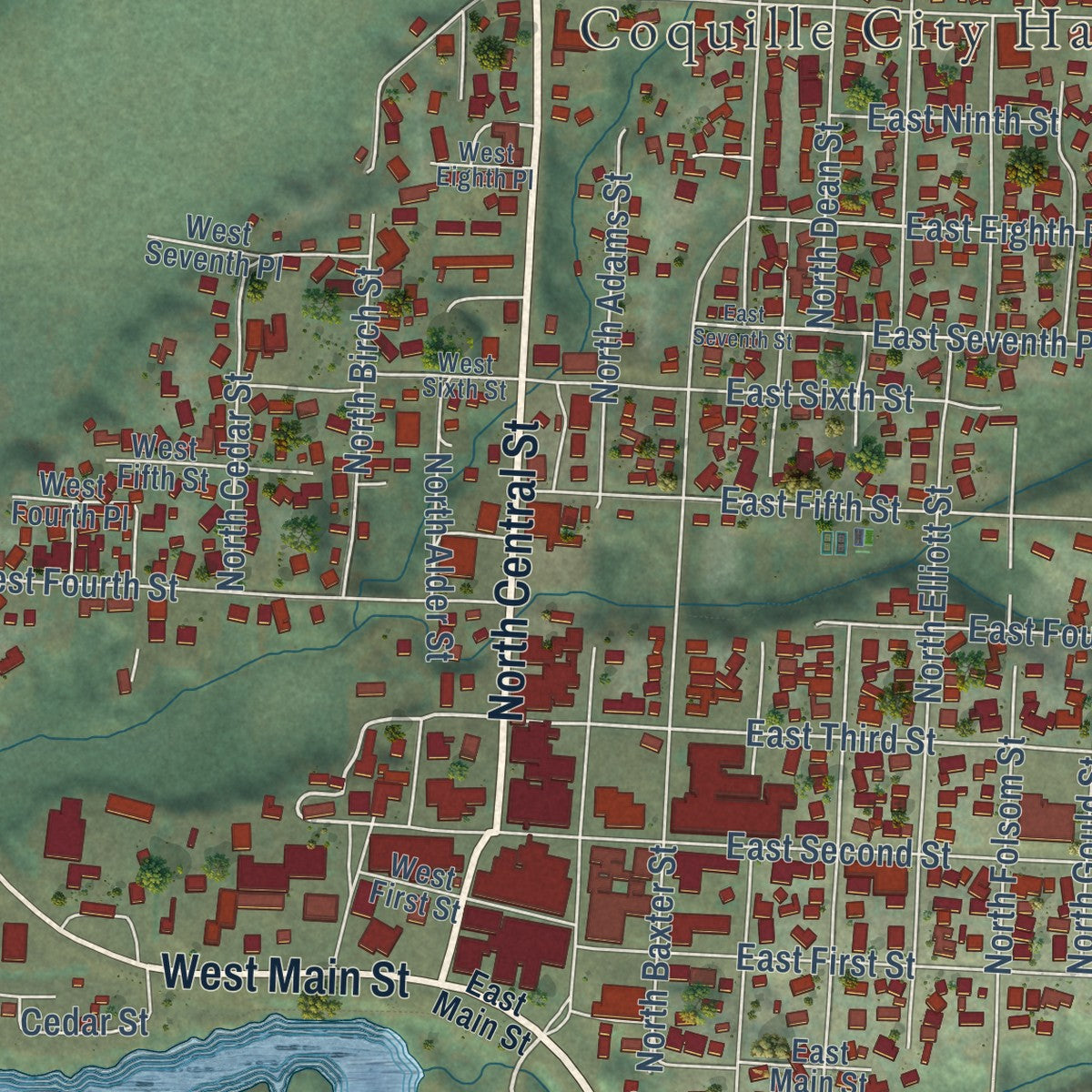 Close-up of the map of Coquille, Oregon print showing street and building detail