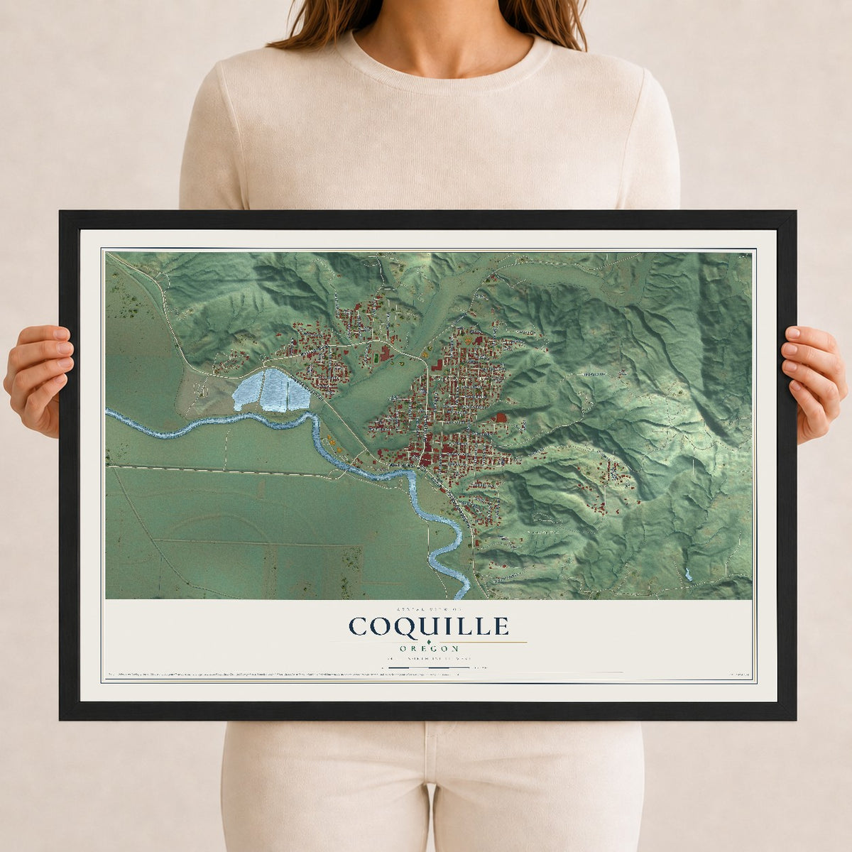 Map of Coquille, Oregon, 12 x 18 inch print in a black wood frame