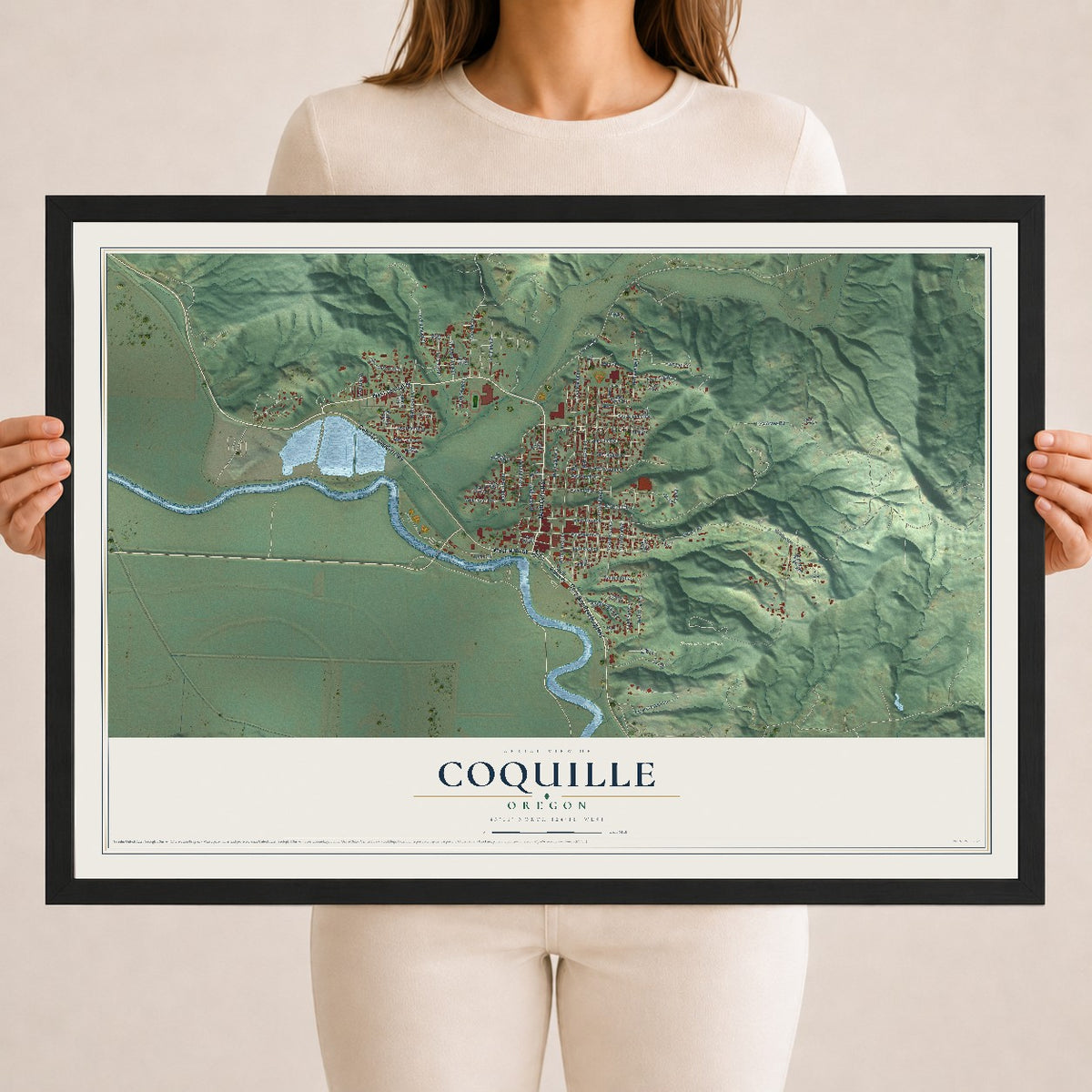 Map of Coquille, Oregon, 18 x 24 inch print in a black wood frame