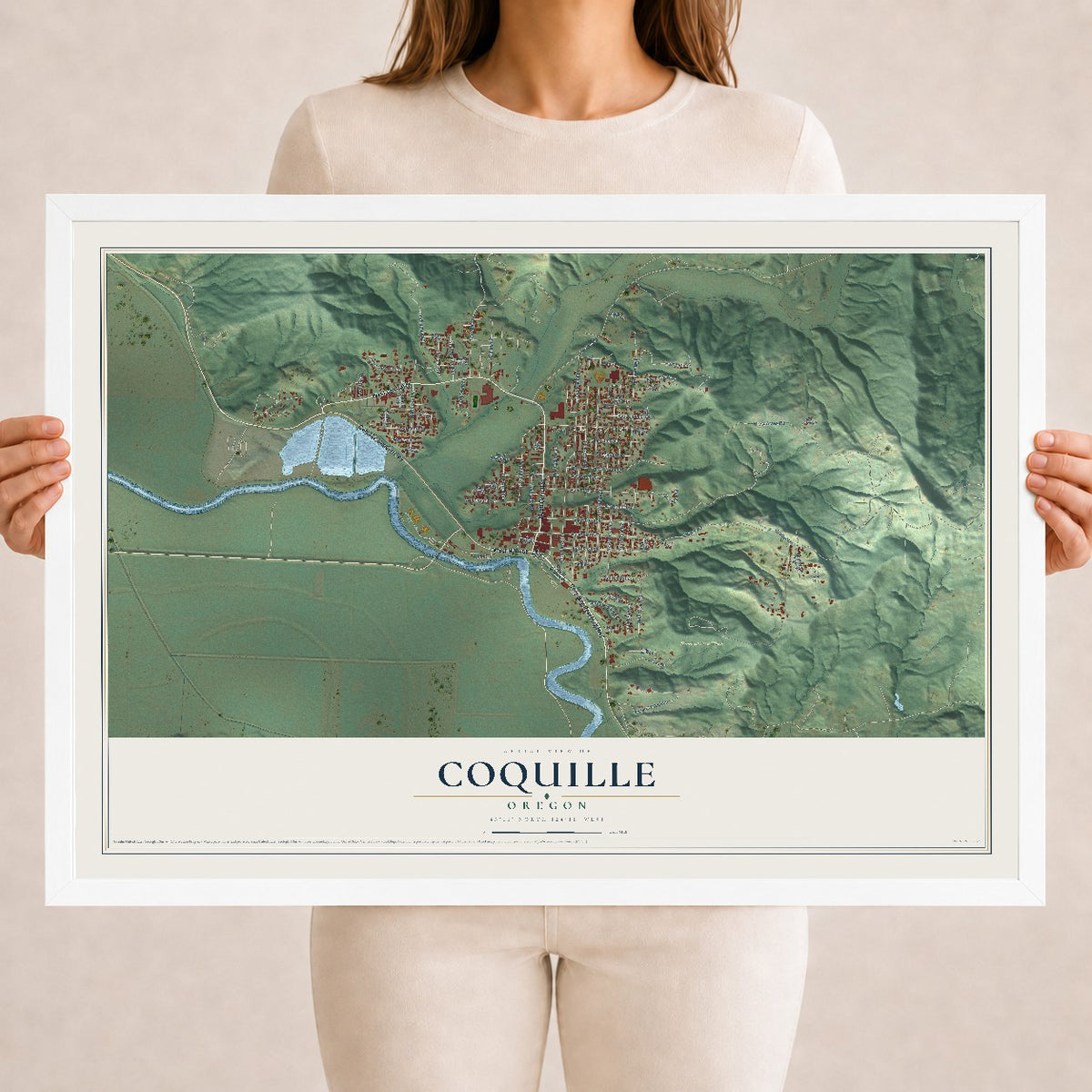 Map of Coquille, Oregon, 18 x 24 inch print in a white wood frame