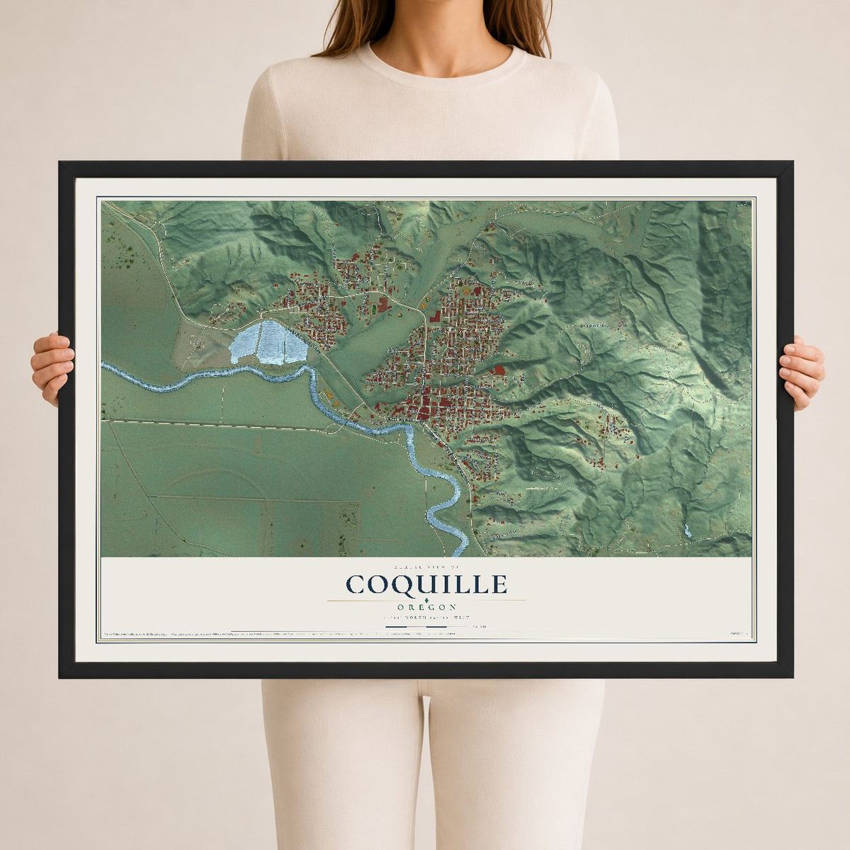Map of Coquille, Oregon, 24 x 36 inch print in a black wood frame
