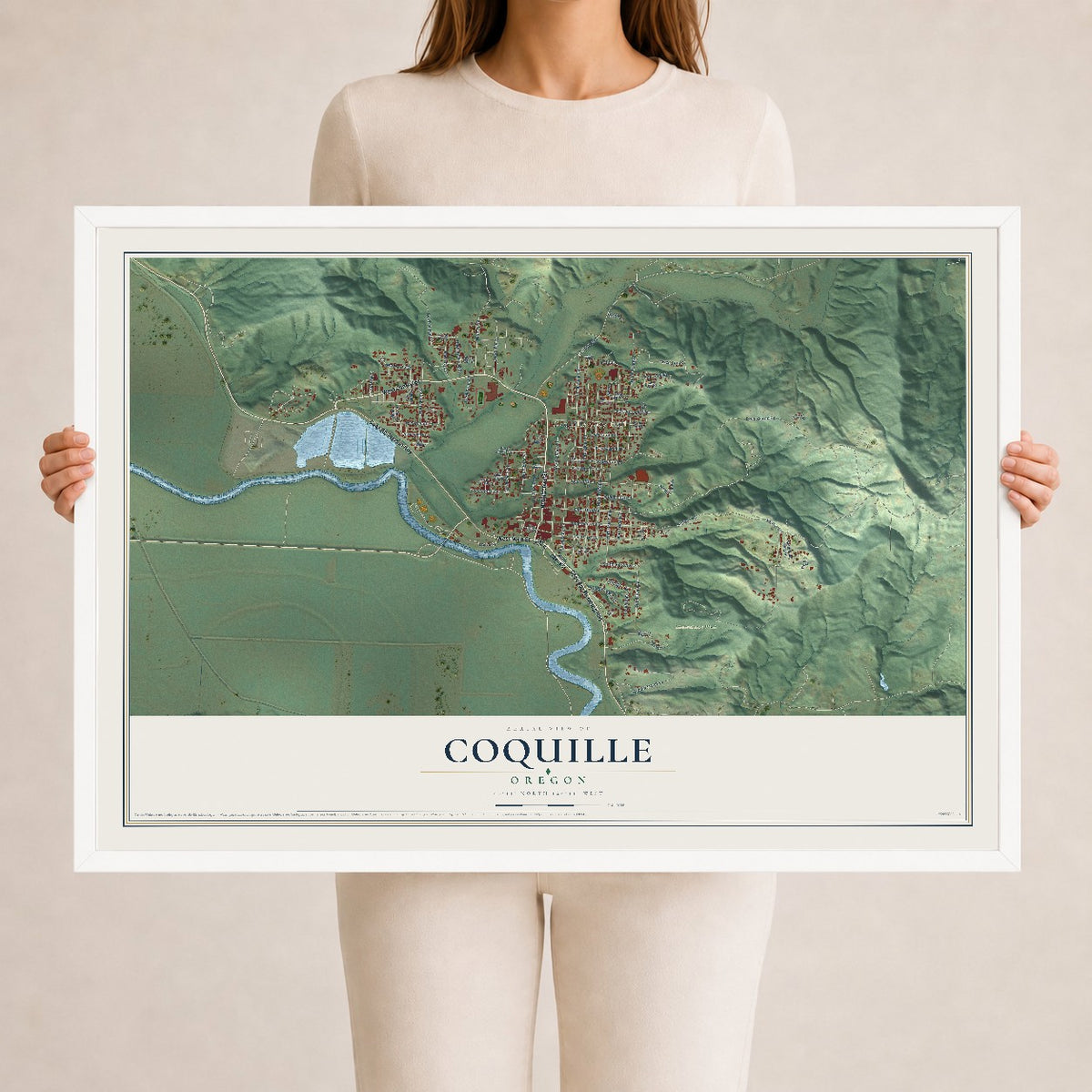 Map of Coquille, Oregon, 24 x 36 inch print in a white wood frame