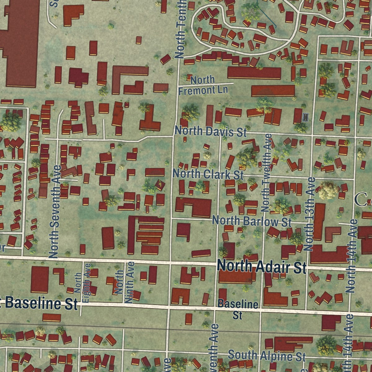 Close-up of the map of Cornelius, Oregon print showing street and building detail