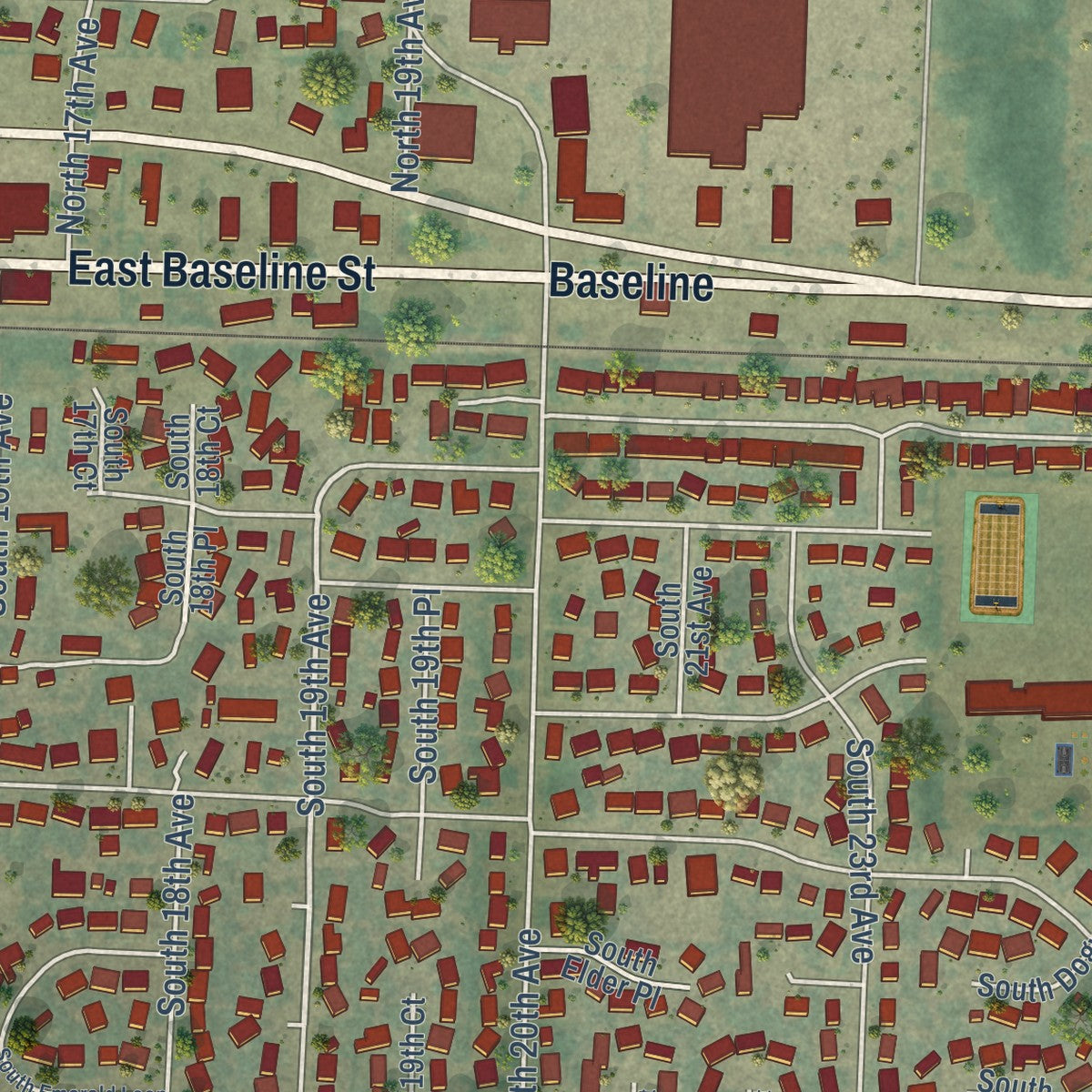 Second close-up of the map of Cornelius, Oregon print showing more streets and buildings