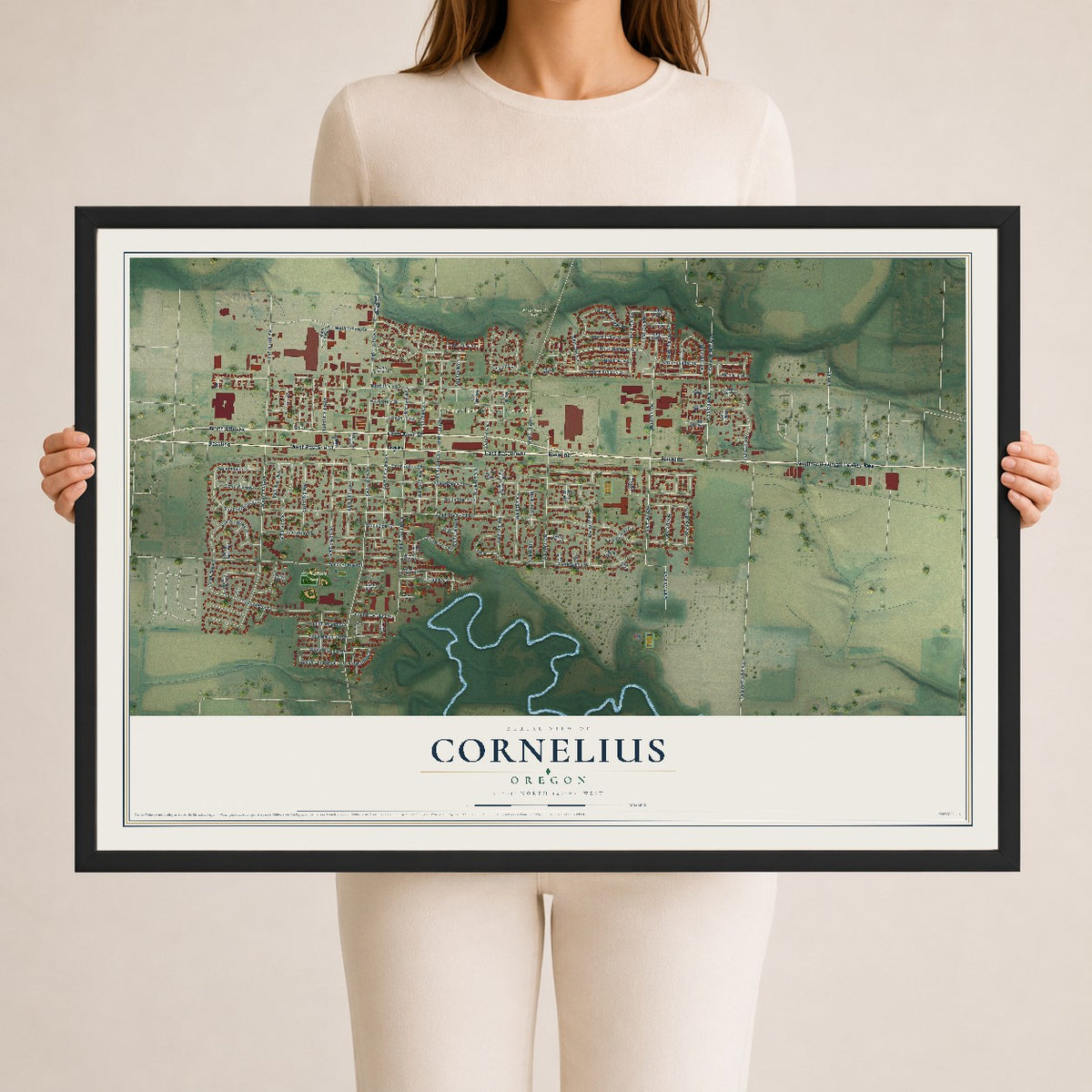 Map of Cornelius, Oregon, 24 x 36 inch print in a black wood frame