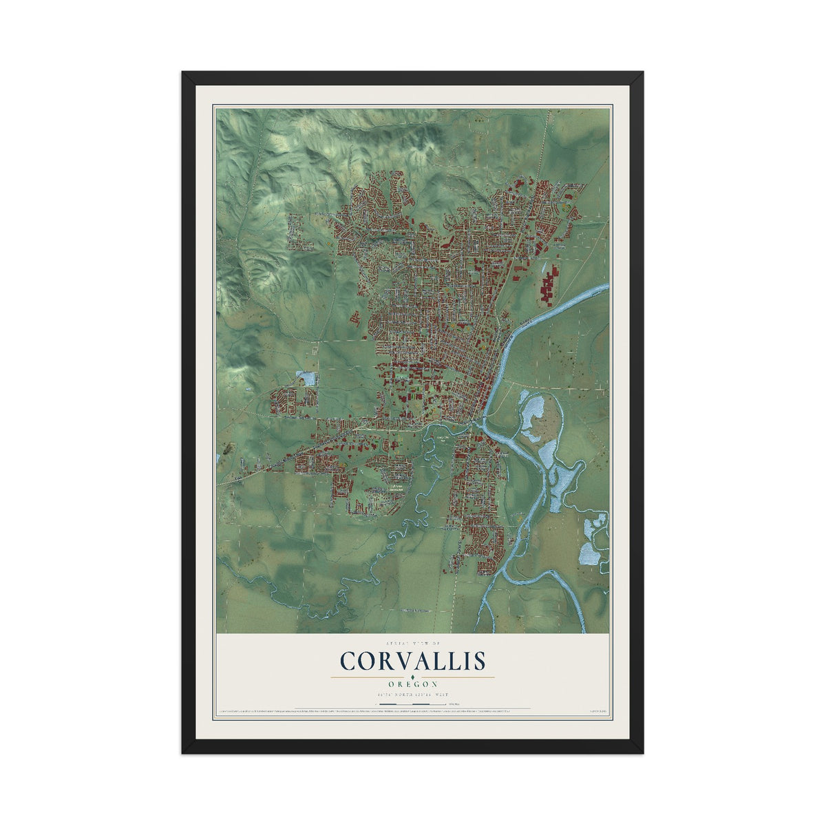 Map of Corvallis, Oregon, 12 x 18 inch print in a black wood frame
