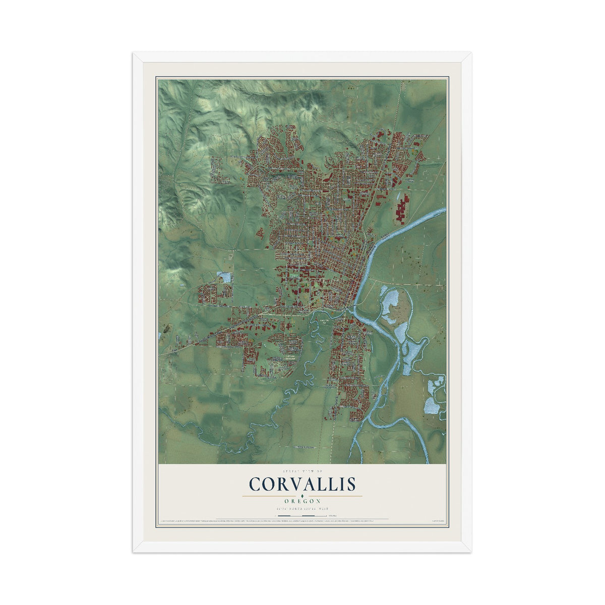 Map of Corvallis, Oregon, 12 x 18 inch print in a white wood frame
