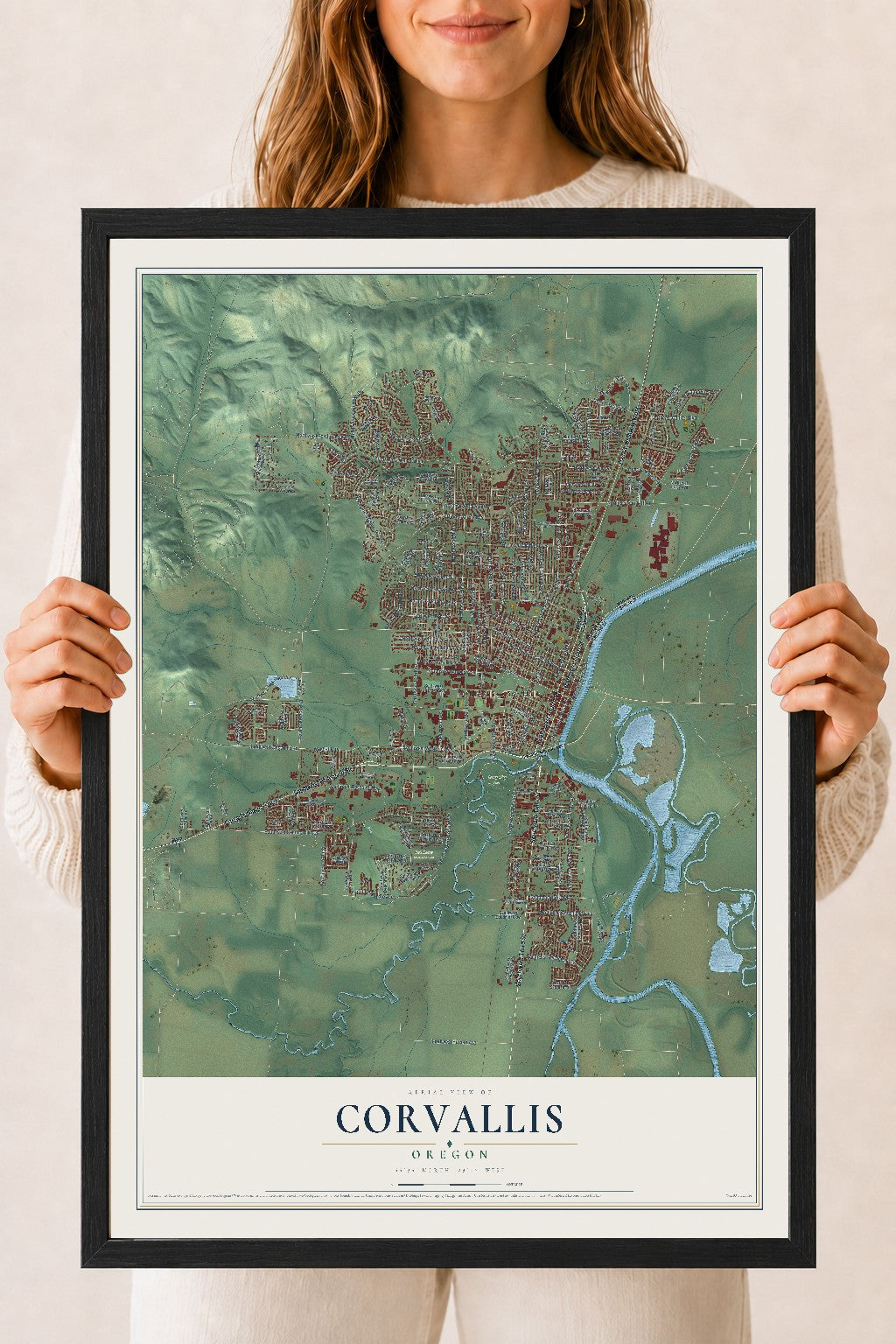 Map of Corvallis, Oregon, 18 x 24 inch print in a black wood frame