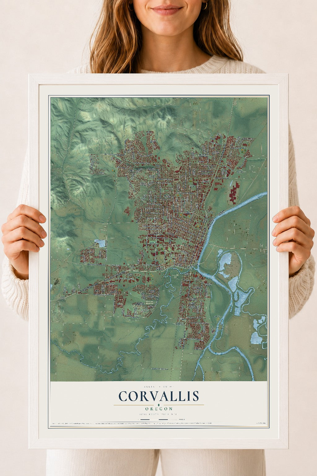 Map of Corvallis, Oregon, 18 x 24 inch print in a white wood frame