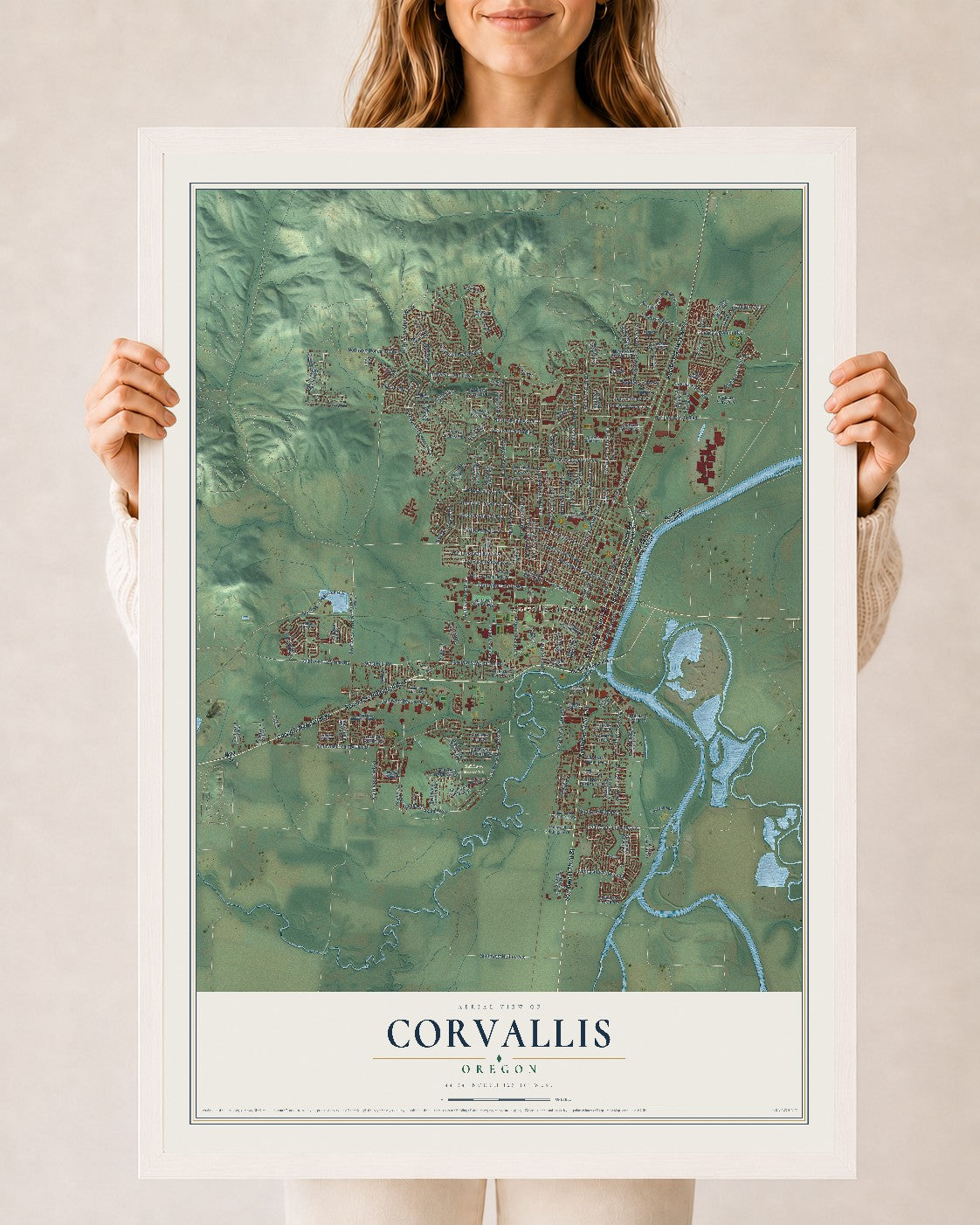 Map of Corvallis, Oregon, 24 x 36 inch print in a white wood frame