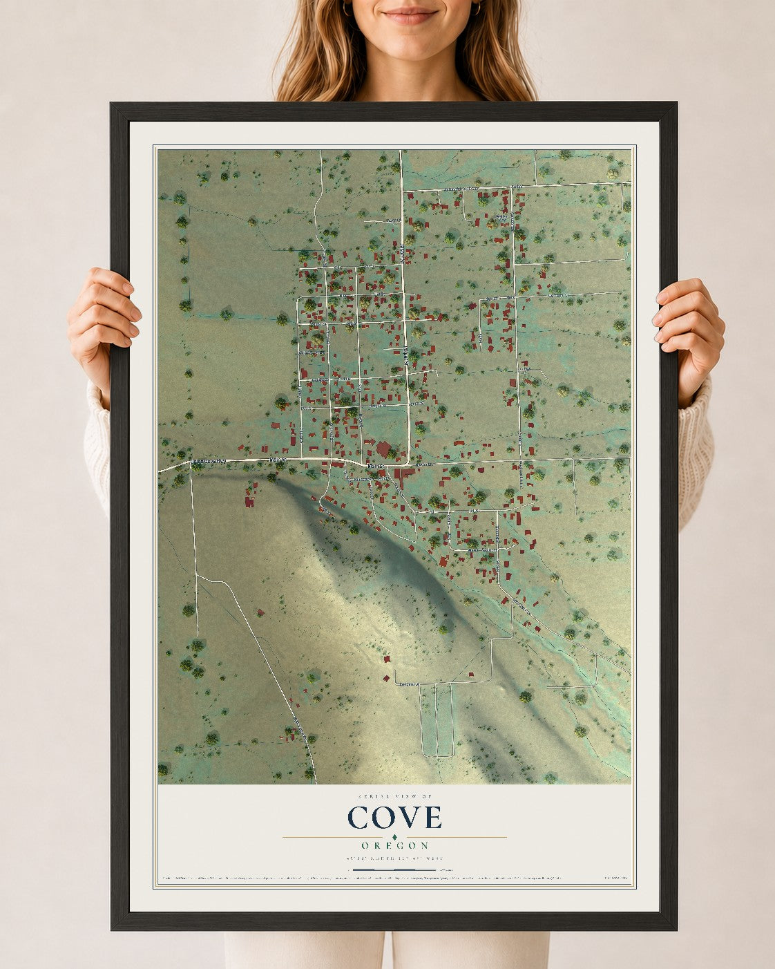 Map of Cove, Oregon, 24 x 36 inch print in a black wood frame