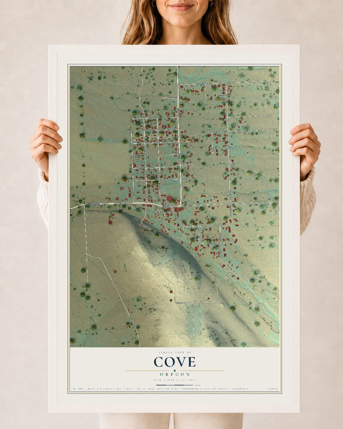Map of Cove, Oregon, 24 x 36 inch print in a white wood frame
