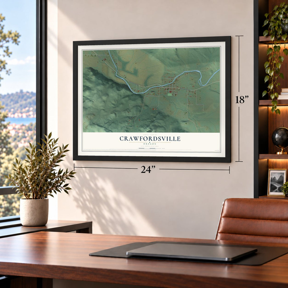 Crawfordsville, Oregon map, 18 x 24 inch print in a black frame in a home office