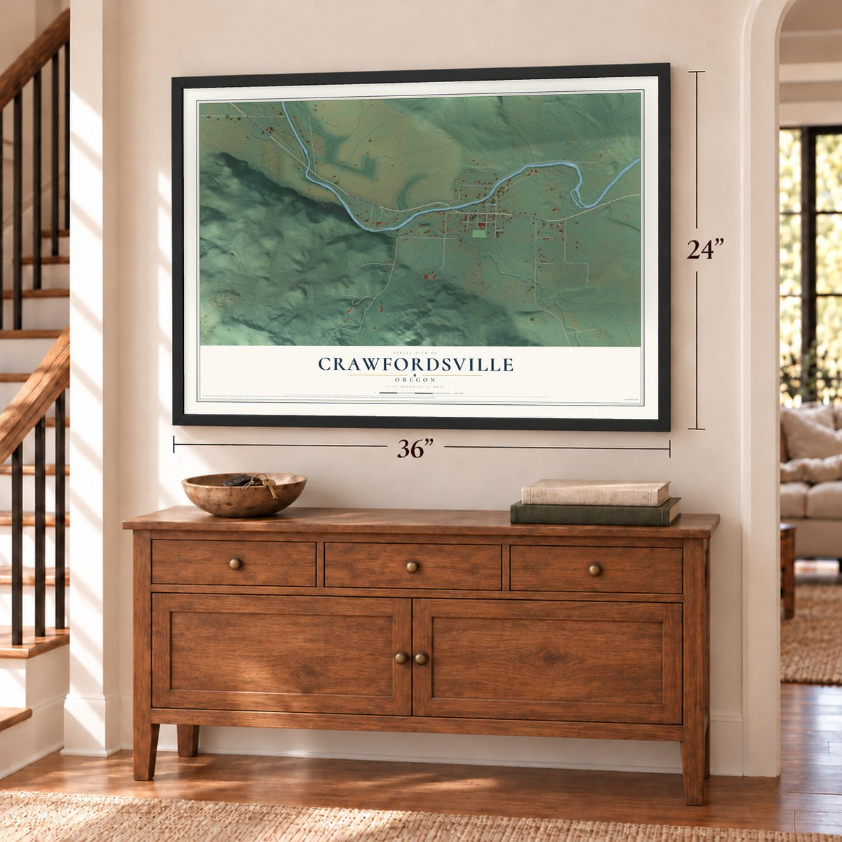 Crawfordsville, Oregon map, 24 x 36 inch print in a black frame above a dresser by a staircase