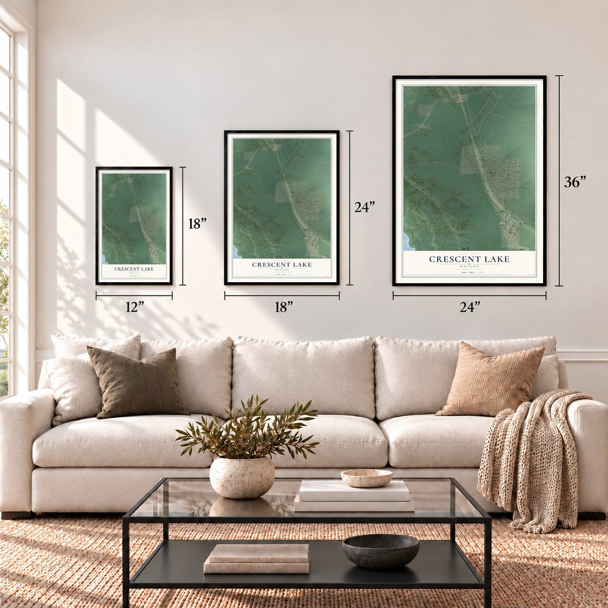 Crescent Lake, Oregon map in 12 x 18, 18 x 24 and 24 x 36 inch sizes above a sofa
