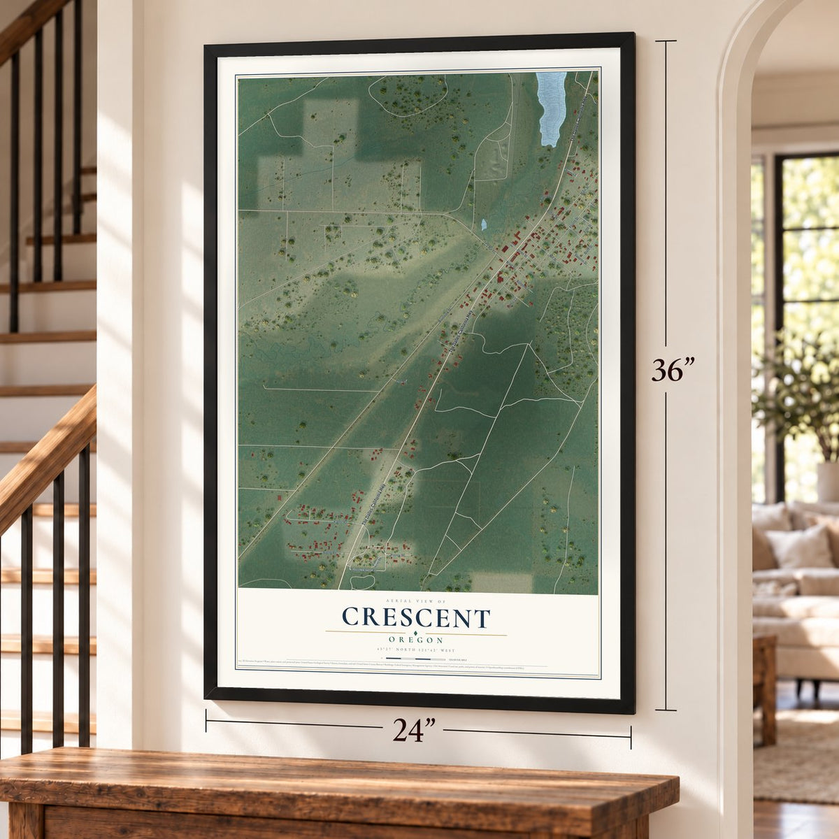 Crescent, Oregon map, 24 x 36 inch print in a black frame by a staircase