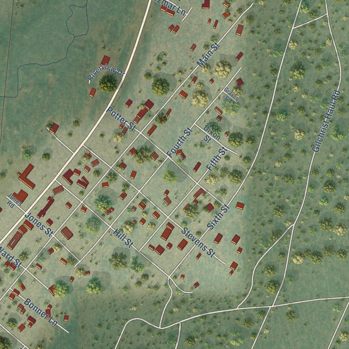 Close-up of the map of Crescent, Oregon print showing street and building detail
