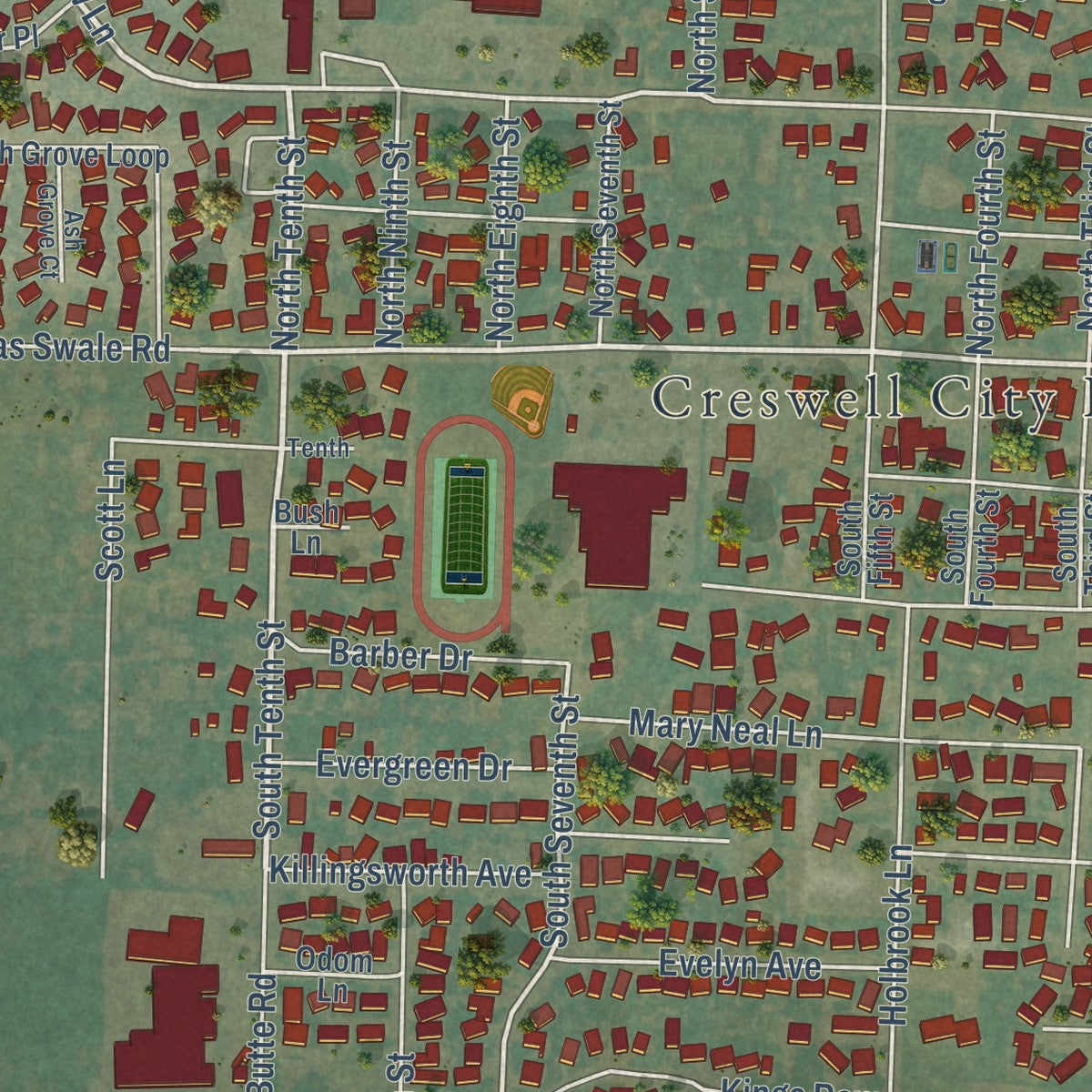Close-up of the map of Creswell, Oregon print showing street and building detail