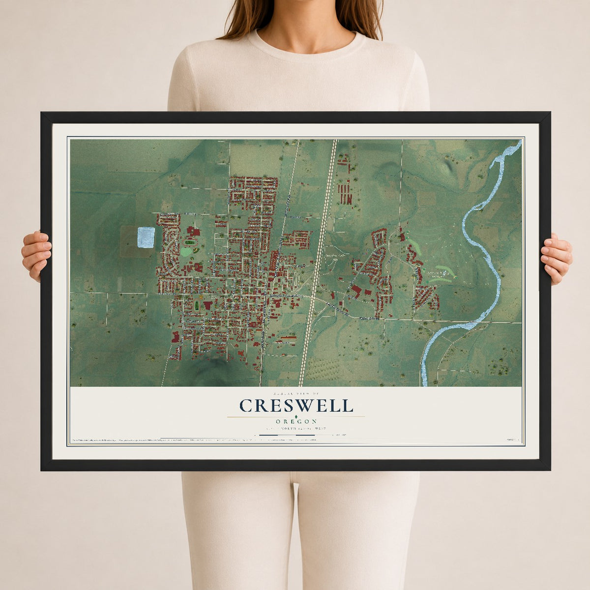 Map of Creswell, Oregon, 24 x 36 inch print in a black wood frame
